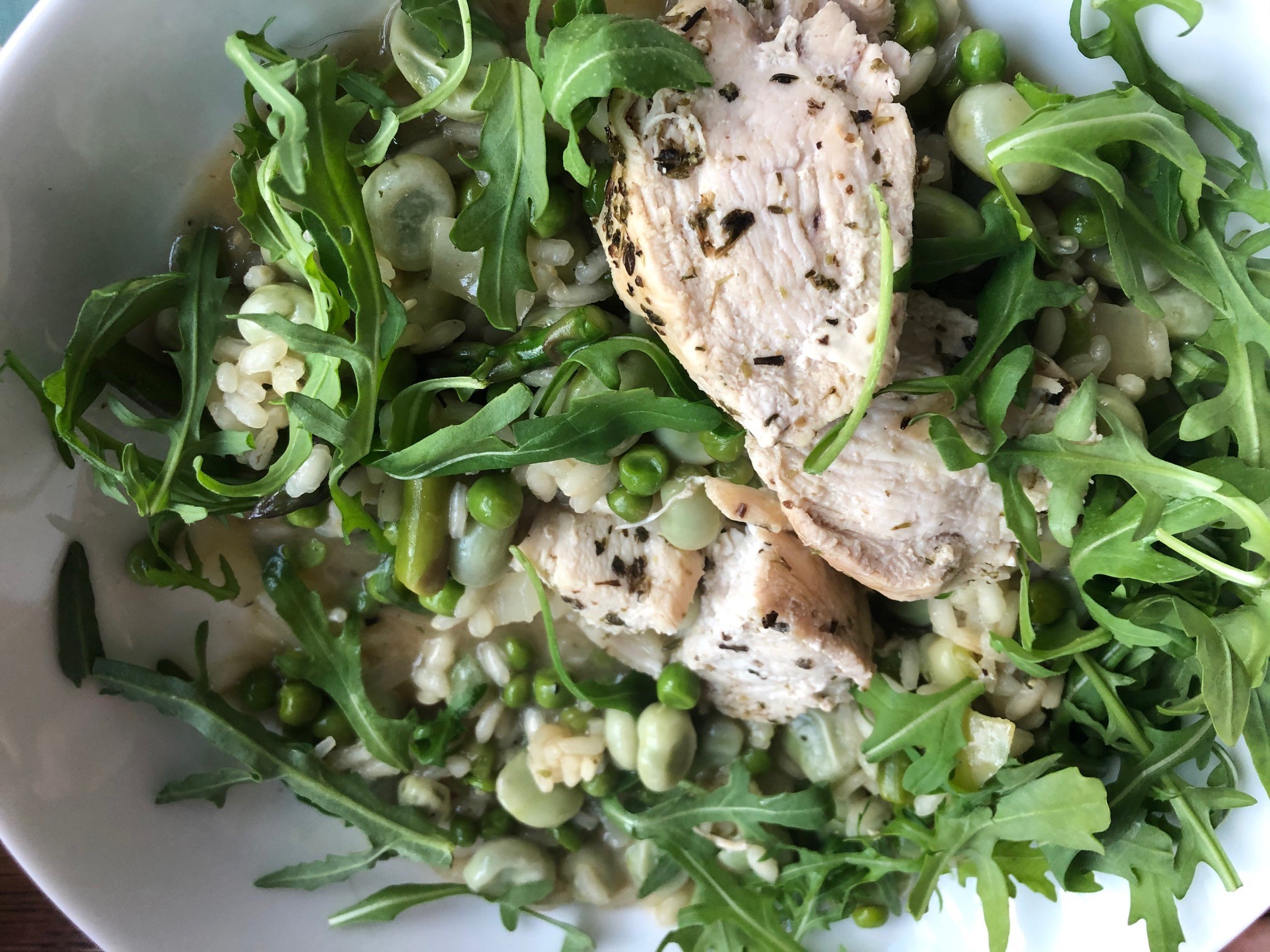 Broad bean, pea and asparagus risotto